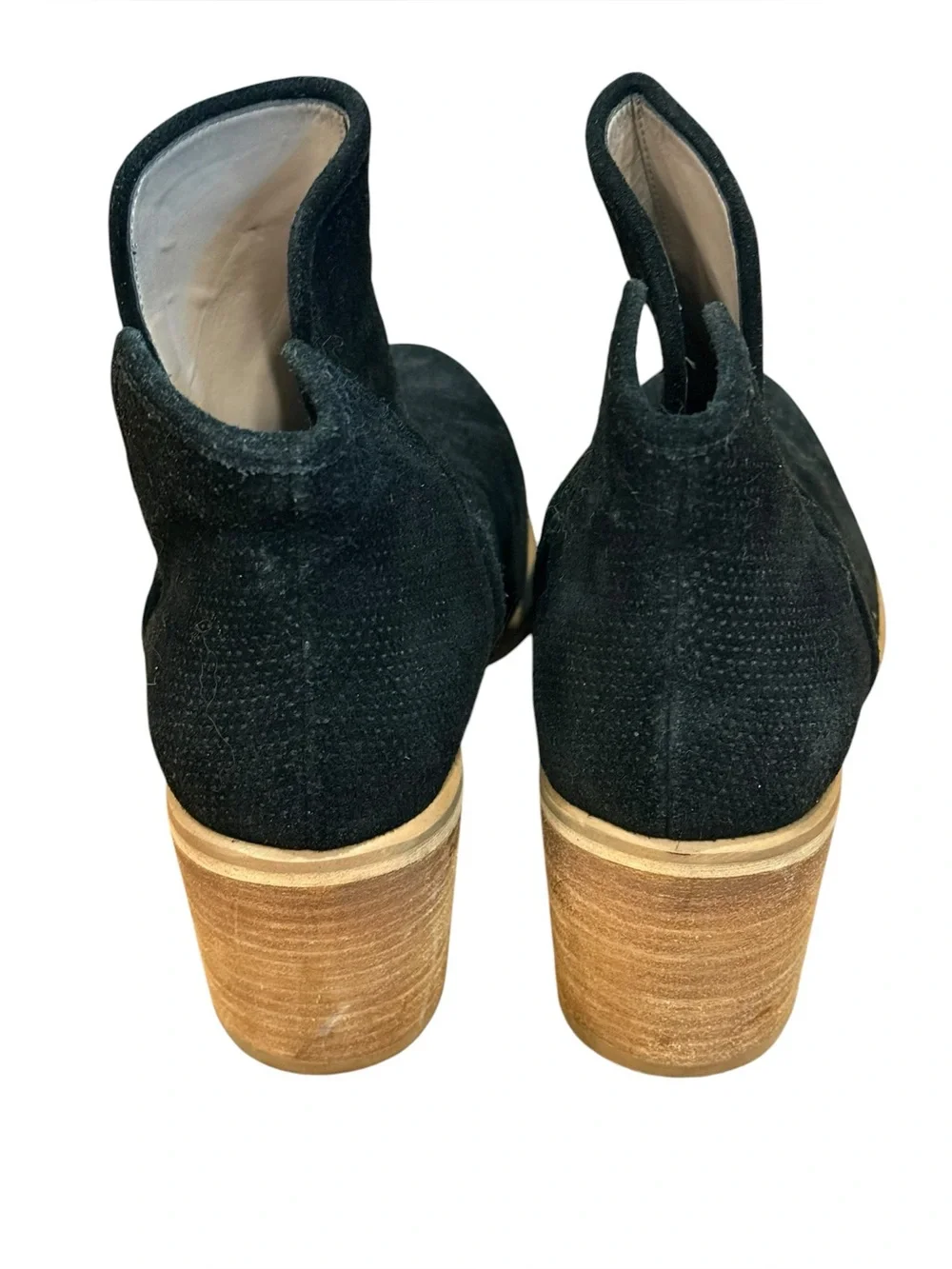 Hinge Black Suede Ankle Booties Pointed Toe Cutout Stacked Block Heel 8.5